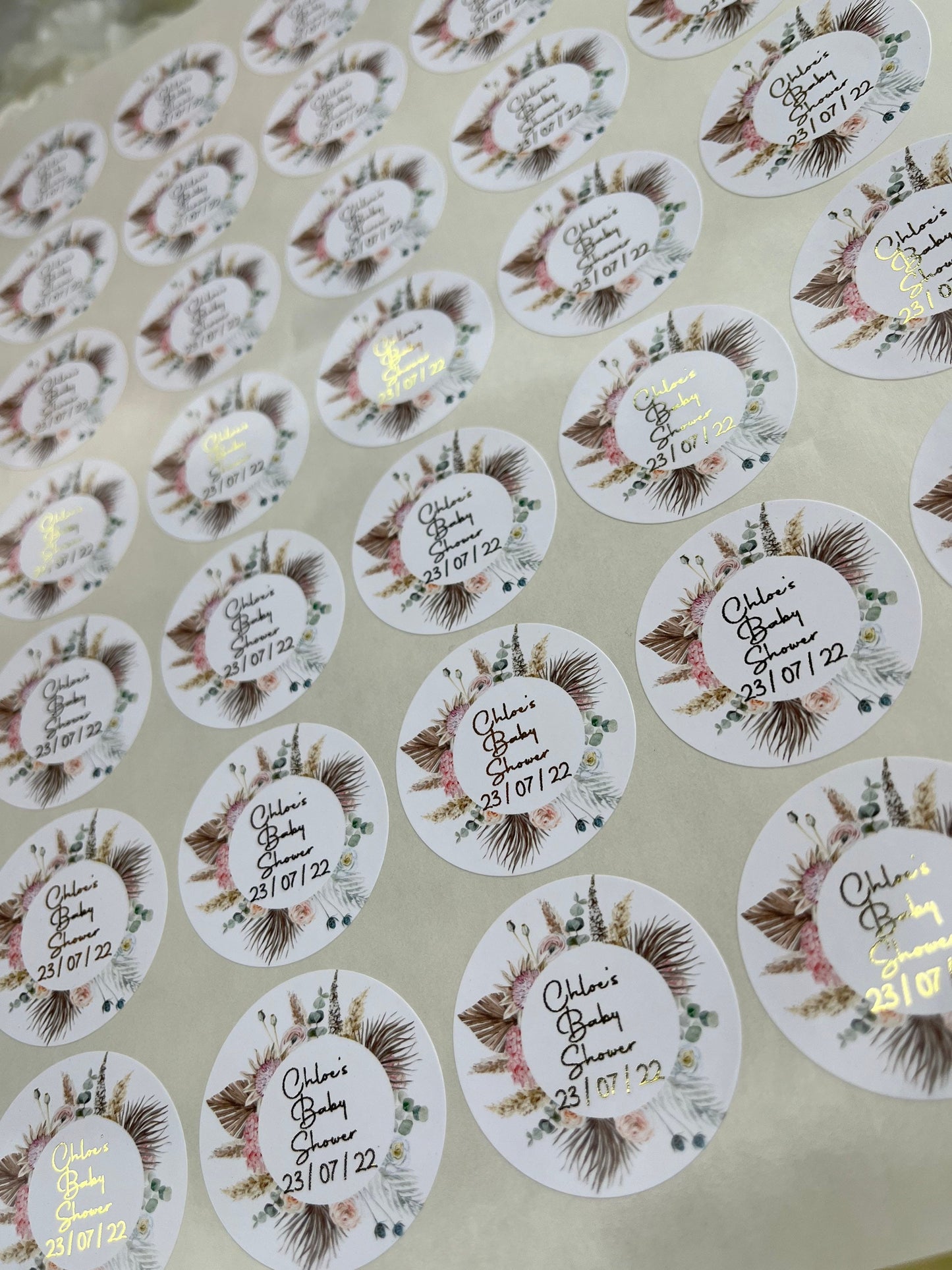 Personalised Foil Boho Feather Wreath Baby Shower Stickers•Floral Wreath•Foiled Sticker•Baby Shower Sticker•