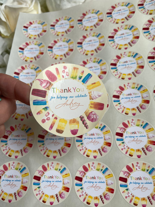 Personalised Ice Cream Themed Party Stickers•Thank You For Coming To My Party•Ice Cream Parlour•Sweet Cones•Birthday Party