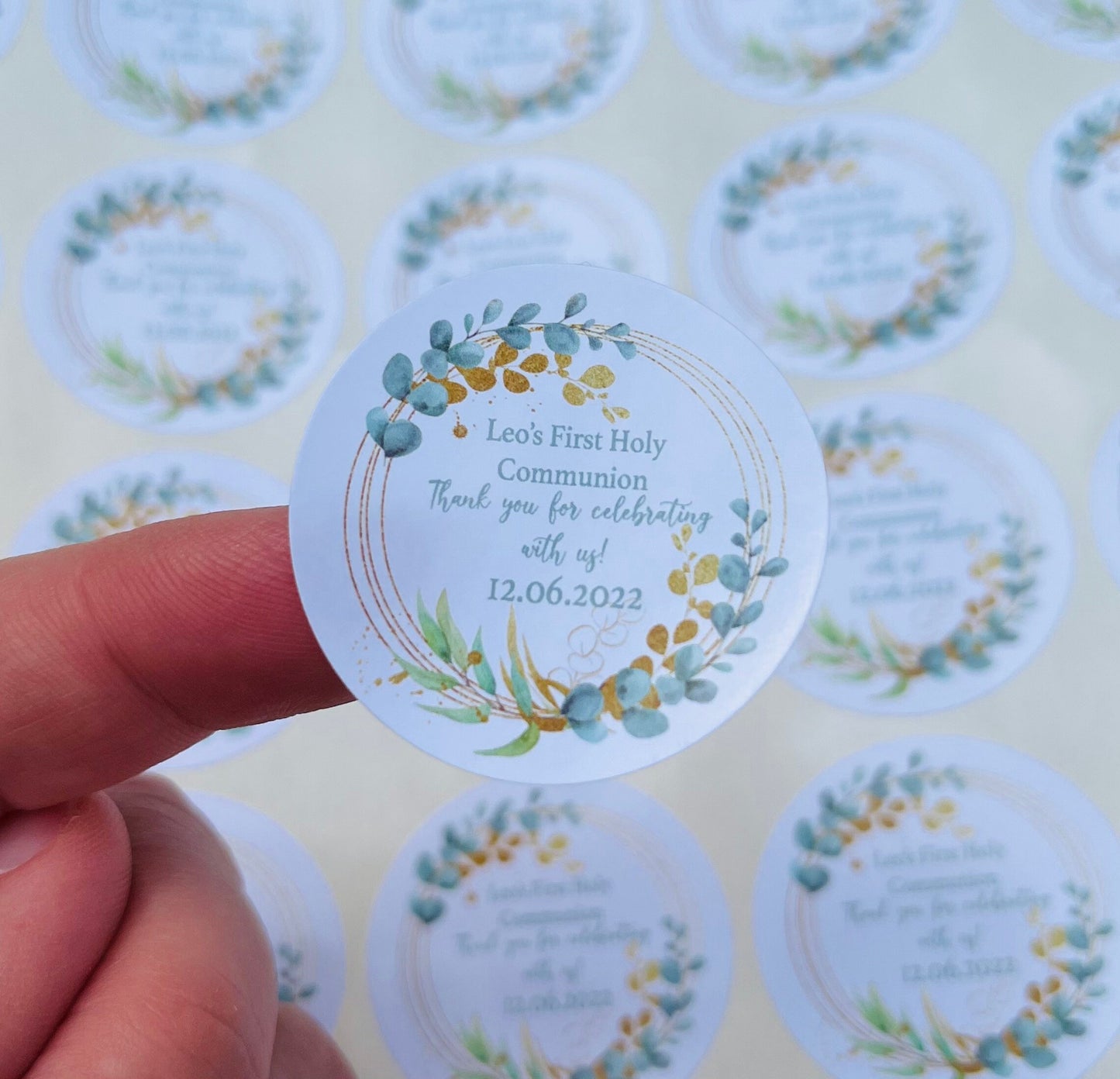 Personalised Holy Communion Stickers Party Bag Thank You Seals Sweet Cones Eucalyptus wreath