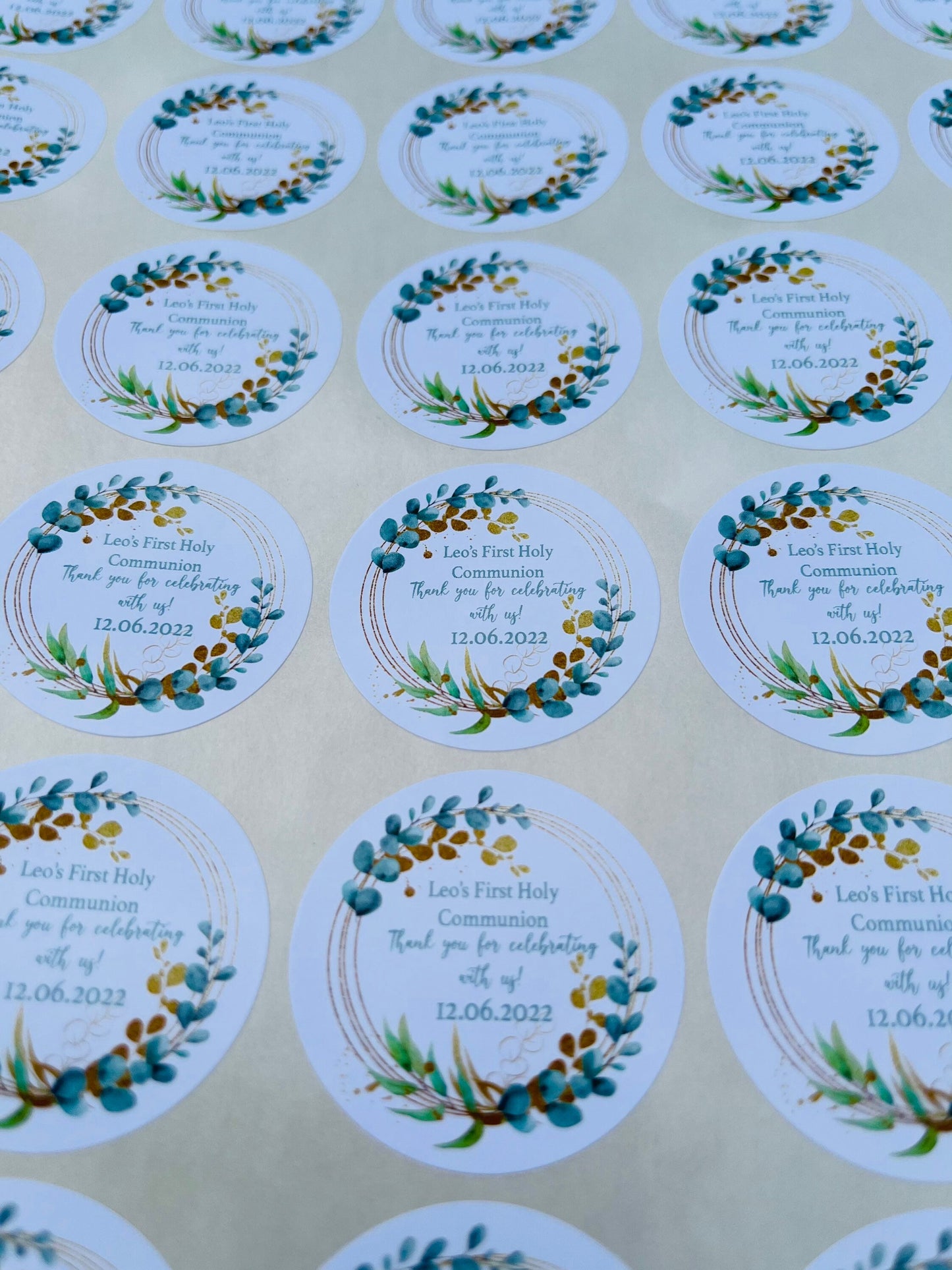 Personalised Holy Communion Stickers Party Bag Thank You Seals Sweet Cones Eucalyptus wreath