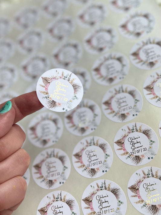 Personalised Foil Boho Feather Wreath Baby Shower Stickers•Floral Wreath•Foiled Sticker•Baby Shower Sticker•