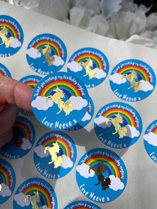 Personalised Foiled Unicorn Thank You Stickers • Birthday Party • Sweet bags • Sweet Cones Stickers·Thank You For Coming To My Party Sticker