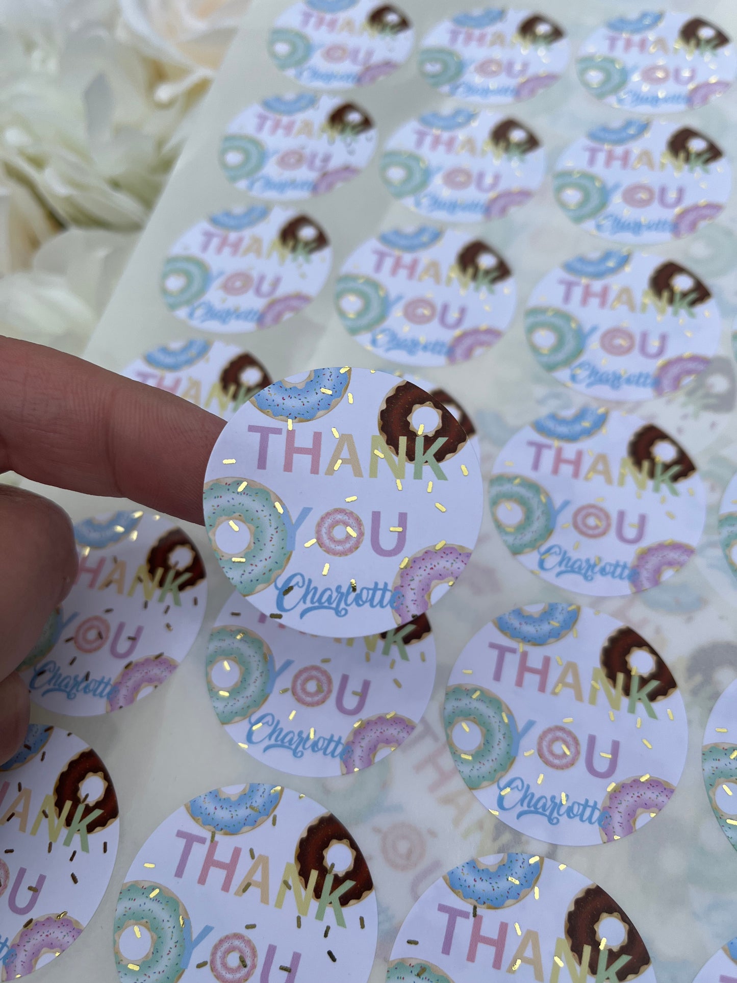 Personalised Foil Doughnut Sticker•Thank You For Coming to My Party•Foil Sticker•Birthday Party•Sweet Cone Stickers•Sweet Bags•Party Sticker