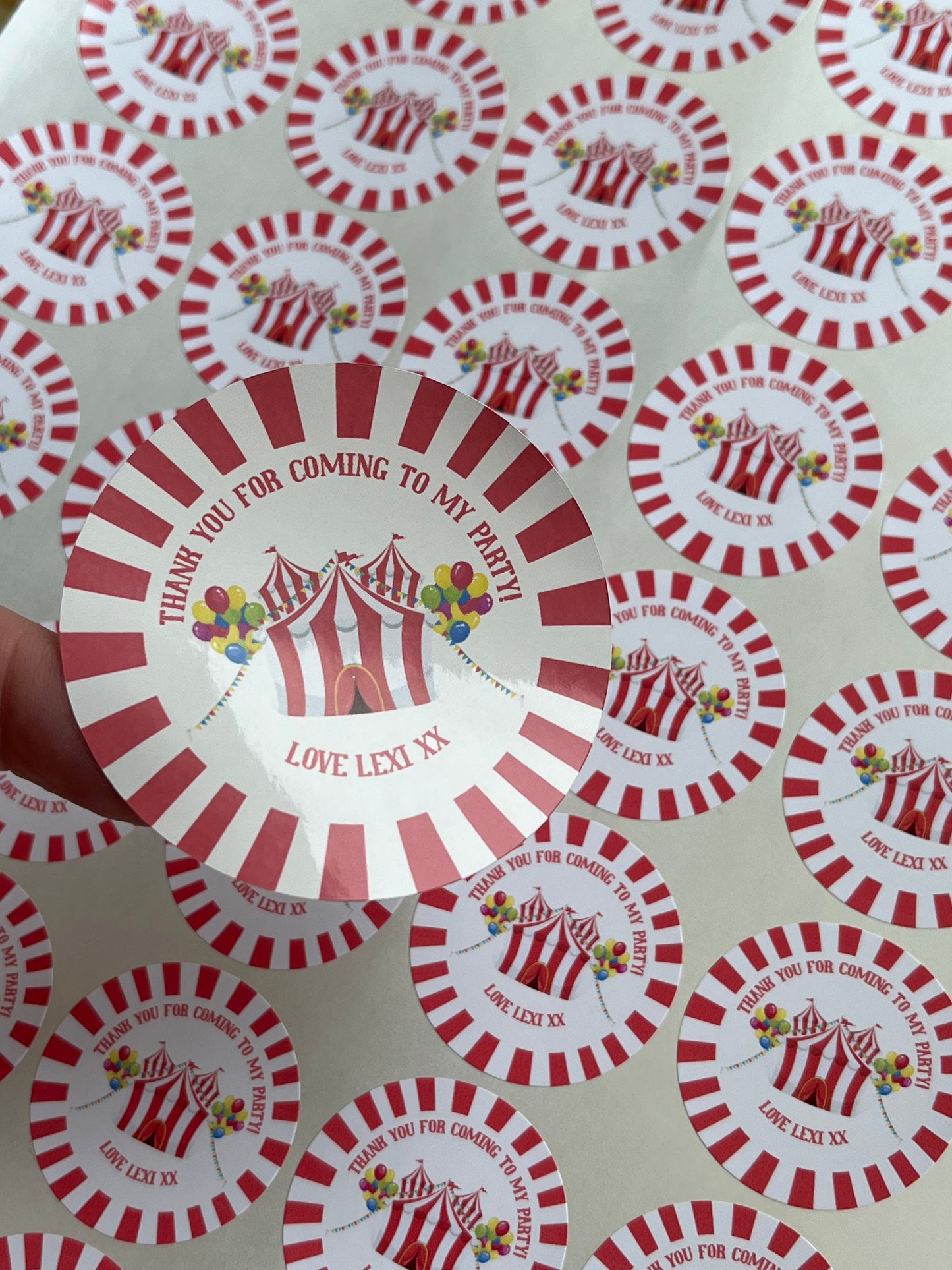 Personalised Circus Themed Party Stickers•Traditional Circus Theme•Thank You For Coming To My Party•Sweet Cone Sticker•Birthday Party