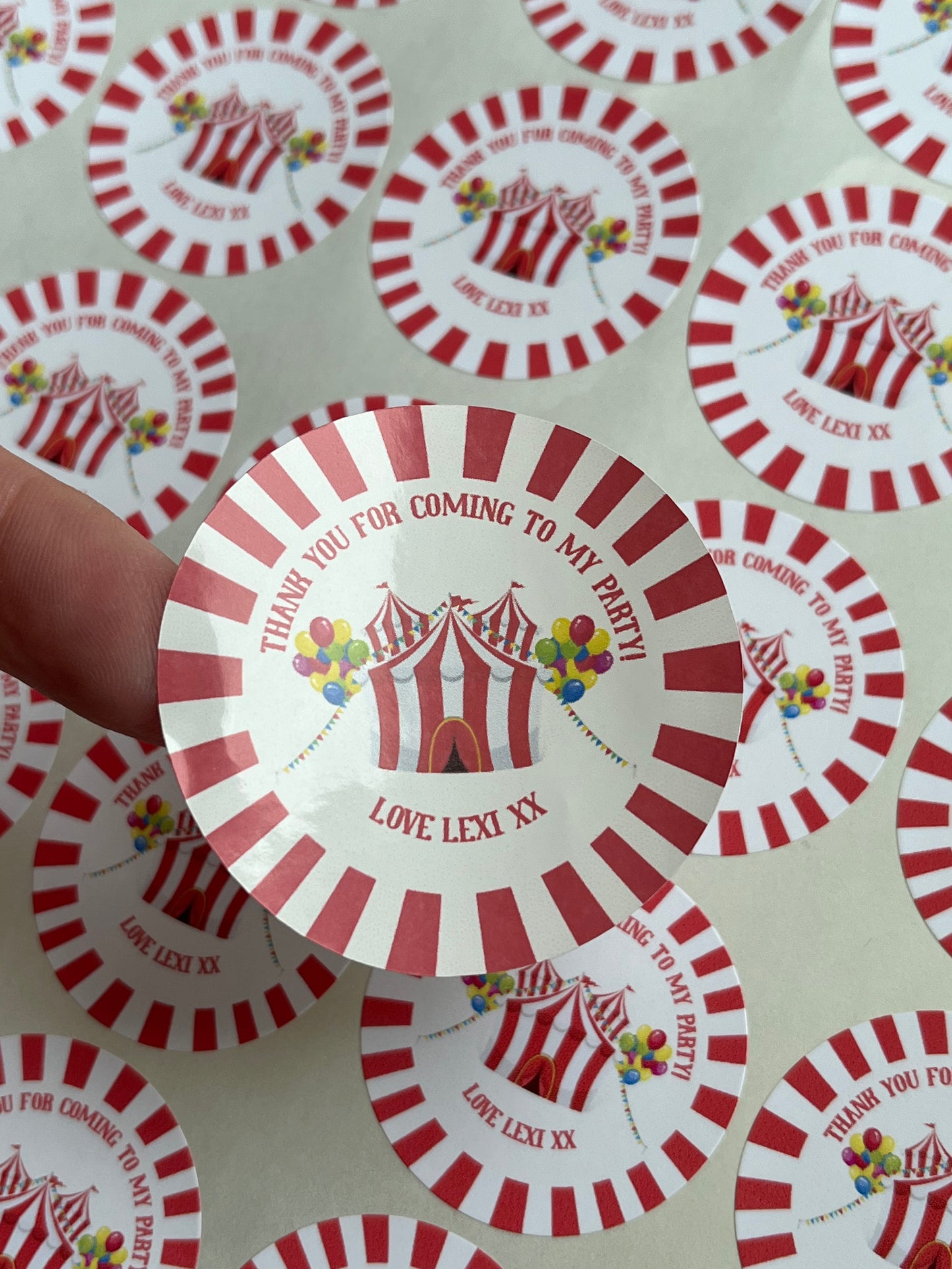 Personalised Circus Themed Party Stickers•Traditional Circus Theme•Thank You For Coming To My Party•Sweet Cone Sticker•Birthday Party