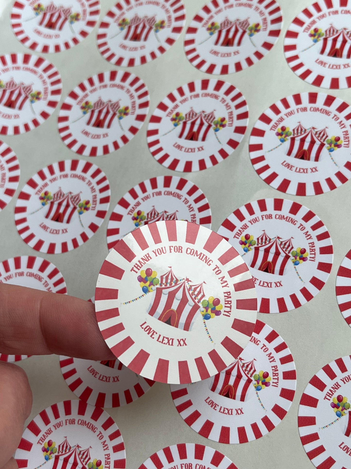 Personalised Circus Themed Party Stickers•Traditional Circus Theme•Thank You For Coming To My Party•Sweet Cone Sticker•Birthday Party