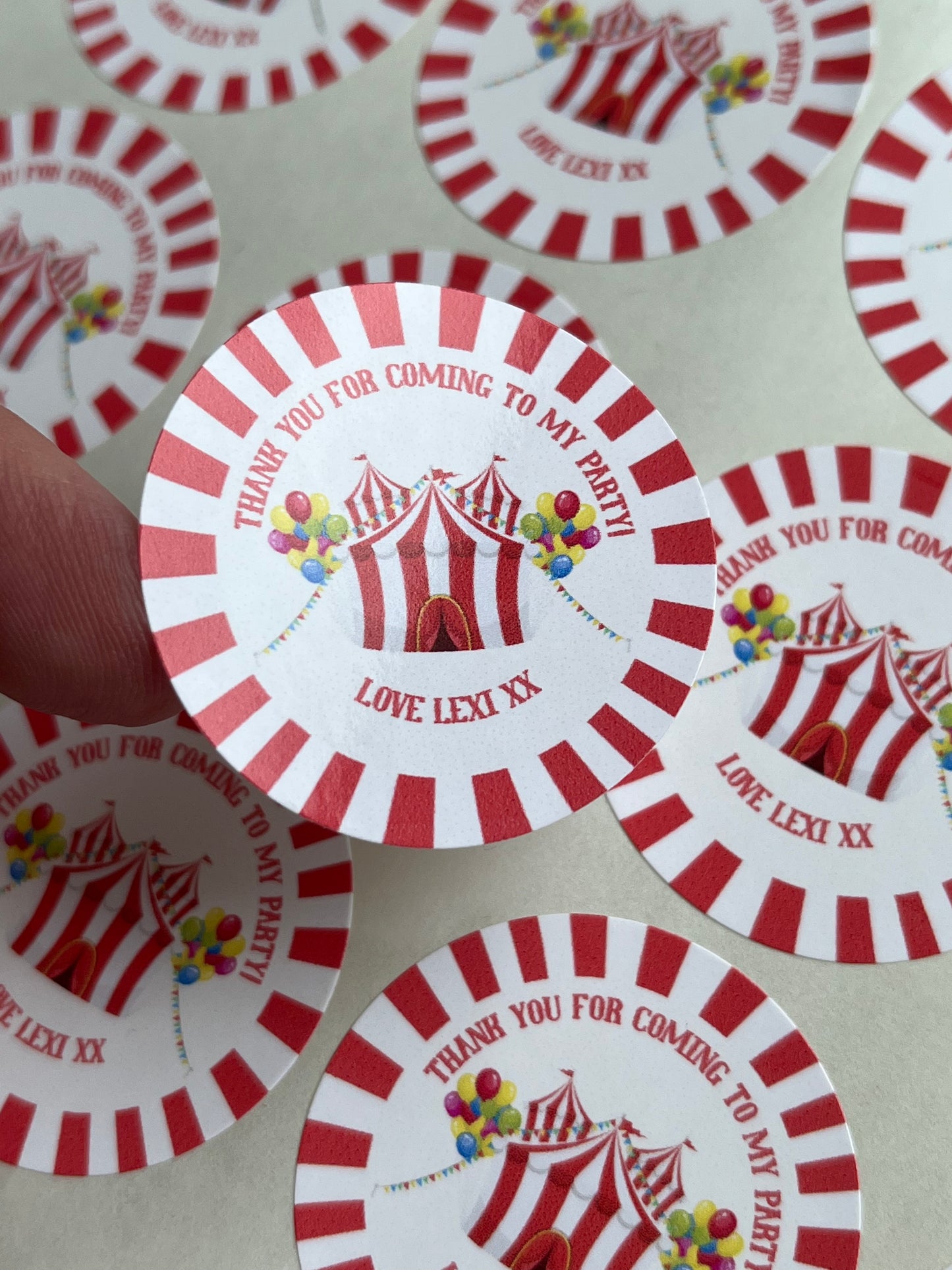 Personalised Circus Themed Party Stickers•Traditional Circus Theme•Thank You For Coming To My Party•Sweet Cone Sticker•Birthday Party