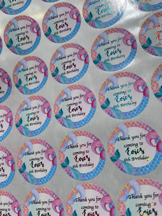 Personalised Mermaid Party Stickers•Thank You For Coming To My Party•Rainbow Foil•Gold Foil•Party Bags•Sweet Cone Sticker•Party Stickers