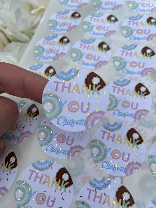 Personalised Foil Doughnut Sticker•Thank You For Coming to My Party•Foil Sticker•Birthday Party•Sweet Cone Stickers•Sweet Bags•Party Sticker