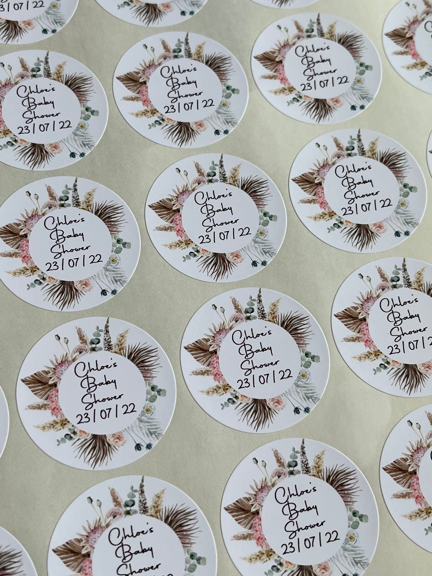 Personalised Foil Boho Feather Wreath Baby Shower Stickers•Floral Wreath•Foiled Sticker•Baby Shower Sticker•